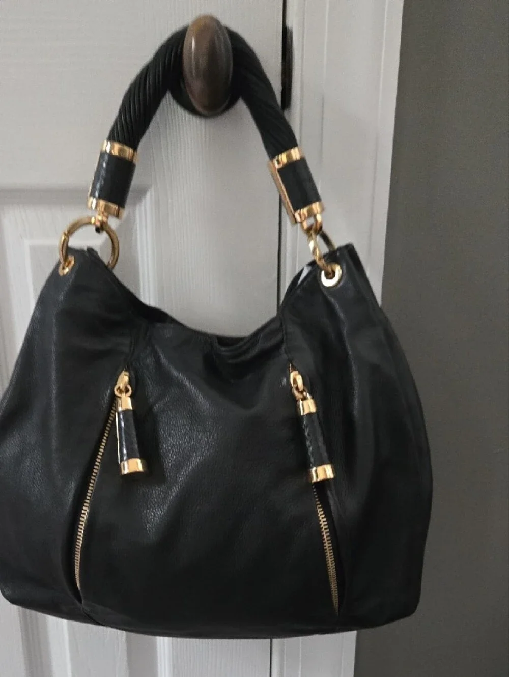 Michael Kors Black Leather Hobo with Gold Hardware